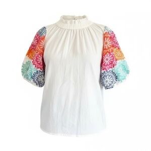 THML‎ White Cotton Embroidered Bright Colors Flowers Top Puffy Sleeves Ladies XS